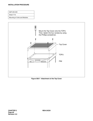 Page 90CHAPTER 3 NDA-24234
Page 60
Revision 3.0
INSTALLATION PROCEDURE
Figure 005-7  Attachment of the Top Cover
NAP-200-005
Sheet 7/16
Mounting of Units and Modules
NEAX 2400 IMSNEC
Top Cover
TOPU
PIM
Mount the Top Cover onto the TOPU.
Then, fasten the four screws by using 
the Phillips screwdriver. 