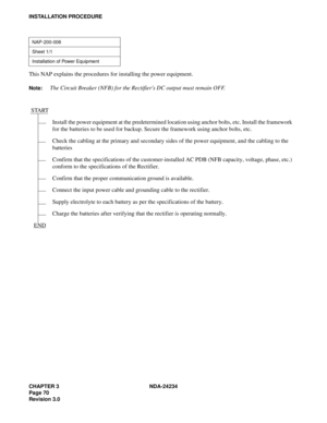 Page 100CHAPTER 3 NDA-24234
Page 70
Revision 3.0
INSTALLATION PROCEDURE
This NAP explains the procedures for installing the power equipment.
Note:The Circuit Breaker (NFB) for the Rectifiers DC output must remain OFF.
NAP-200-006
Sheet 1/1
Installation of Power Equipment
START
Install the power equipment at the predetermined location using anchor bolts, etc. Install the framework 
for the batteries to be used for backup. Secure the framework using anchor bolts, etc.
Check the cabling at the primary and secondary...