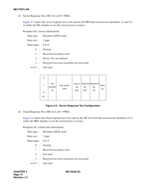 Page 16CHAPTER 3 ND-70428 (E)
Pag e 1 0
Revision 1.0
MCI FOR LAN
(3) Server Response Text (MC for LAN PBX)
Figure 3-5 shows the server response text to be sent by the PBX that received text identifiers (1) and (5)
to notify the MC whether or not the received text is correct.
Response No. (server information)
Data type : Decimal (ASCII code)
Data size : 1 digit
Data range: 0 to 9
0 : Normal
1 : Received text parity error
2 : Device No. not defined
3 : Received text error (incorrect text received)
4 to 9 : Not...