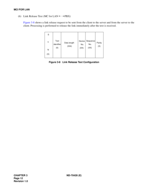 Page 18CHAPTER 3 ND-70428 (E)
Pag e 1 2
Revision 1.0
MCI FOR LAN
(6) Link Release Text (MC for LAN PBX)
Figure 3-8 shows a link release request to be sent from the client to the server and from the server to the
client. Processing is performed to release the link immediately after the text is received.
 
Figure 3-8   Link Release Text Configuration
S
Y
N
(X)Text
identifier
(6)Data length
(004)Device
 No.
(XX)Sequence
No.
(XX)Parity
(X) 