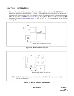 Page 7ND-70428 (E) CHAPTER 1
Page 1
Revision 1.0
CHAPTER 1 INTRODUCTION
This manual provides the Message Center Interface (MCI) specifications for the NEAX2400 IMX system.
When a call terminates to the attendant or a Uniform Call Distribution (UCD) station, the call information is
sent via the MCI to the Message Center (MC). Based on the call information from the Private Branch Exchange
(PBX), the MC achieves ON/OFF control of the Message Waiting Lamp (MWL) and Message Waiting (MW)
indication of the station....