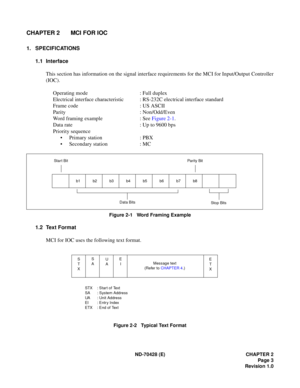 Page 9ND-70428 (E) CHAPTER 2
Page 3
Revision 1.0
CHAPTER 2 MCI FOR IOC
1. SPECIFICATIONS
1.1 Interface
This section has information on the signal interface requirements for the MCI for Input/Output Controller
(IOC).
Operating mode : Full duplex
Electrical interface characteristic : RS-232C electrical interface standard
Frame code : US ASCII
Parity : Non/Odd/Even
Word framing example : See Figure 2-1.
Data rate : Up to 9600 bps
Priority sequence
• Primary station : PBX
• Secondary station : MC
Figure 2-1   Word...