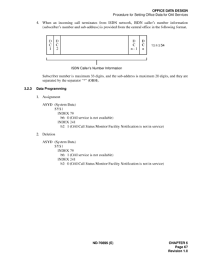 Page 77ND-70895 (E) CHAPTER 5
 Page 67
Revision 1.0
OFFICE DATA DESIGN
Procedure for Setting Office Data for OAI Services
4. When an incoming call terminates from ISDN network, ISDN caller’s number information
(subscriber’s number and sub-address) is provided from the central office in the following format.
Subscriber number is maximum 33 digits, and the sub-address is maximum 20 digits, and they are
separated by the separator “*” (OBH).
3.2.3 Data Programming
1. Assignment
ASYD (System Data)
SYS1
INDEX 79
b6:...
