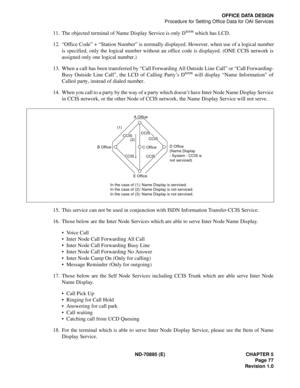 Page 87ND-70895 (E) CHAPTER 5
 Page 77
Revision 1.0
OFFICE DATA DESIGN
Procedure for Setting Office Data for OAI Services
11. The objected terminal of Name Display Service is only Dterm which has LCD.
12. “Office Code” + “Station Number” is normally displayed. However, when use of a logical number
is specified, only the logical number without an office code is displayed. (ONE CCIS network is
assigned only one logical number.)
13. When a call has been transferred by “Call Forwarding All Outside Line Call” or...