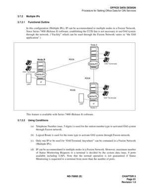 Page 91ND-70895 (E) CHAPTER 5
 Page 81
Revision 1.0
OFFICE DATA DESIGN
Procedure for Setting Office Data for OAI Services
3.7.2 Multiple IPs
3.7.2.1 Functional Outline
In this configuration (Multiple IPs), IP can be accommodated to multiple nodes in a Fusion Network.
Since Series 7400 (Release 8) software, establishing the CCIS line is not necessary to use OAI system
through the network. (“Facility” which can be used through the Fusion Network varies in “the OAI
application”.)
This feature is available with...