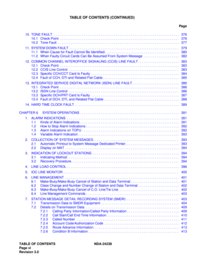 Page 17TABLE OF CONTENTS NDA-24238
Page vi
Revision 3.0
TABLE OF CONTENTS (CONTINUED)
Pag e
10. TONE FAULT . . . . . . . . . . . . . . . . . . . . . . . . . . . . . . . . . . . . . . . . . . . . . . . . . . . . . . . . . . . . . . . . . . . .  376
10.1 Check Point  . . . . . . . . . . . . . . . . . . . . . . . . . . . . . . . . . . . . . . . . . . . . . . . . . . . . . . . . . . . . . . . .  376
10.2 Tone Fault  . . . . . . . . . . . . . . . . . . . . . . . . . . . . . . . . . . . . . . . . . . . . . . . . . ....