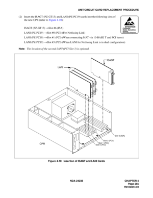 Page 282NDA-24238 CHAPTER 4
Page 255
Revision 3.0
UNIT/CIRCUIT CARD REPLACEMENT PROCEDURE
(2) Insert the ISAGT (PZ-GT13) and LANI (PZ-PC19) cards into the following slots of
the new CPR (refer to Figure 4-10):
ISAGT (PZ-GT13) →Slot #6 (ISA)
LANI (PZ-PC19) →Slot #0 (PCI) (For Netfusing Link)
LANI (PZ-PC19) →Slot #1 (PCI) (When connecting MAT via 10-BASE T and PCI buses)
LANI (PZ-PC19) →Slot #3 (PCI) (When LANI for Netfusing Link is in dual configuration)
Note:The location of the second LANI (PCI Slot 3) is...