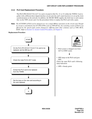 Page 306NDA-24238 CHAPTER 4
Page 279
Revision 3.0
UNIT/CIRCUIT CARD REPLACEMENT PROCEDURE
2.3.4 PLO Card Replacement Procedure
The PLO (PH-CK16/17/16-A/17-A) card is located in Slot No. 21 or 23 within the TSWM. Used to-
gether with a different direct digital interface circuit card, the card’s main function is to set up the clock
synchronization on the network. In addition, the MUSIC ROM supplies the hold tone to each station
line via the TSW circuit card. Use the procedures below to replace the PLO card with a...