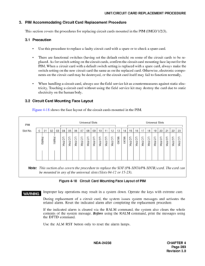 Page 310NDA-24238 CHAPTER 4
Page 283
Revision 3.0
UNIT/CIRCUIT CARD REPLACEMENT PROCEDURE
3. PIM Accommodating Circuit Card Replacement Procedure
This section covers the procedures for replacing circuit cards mounted in the PIM (IMG0/1/2/3).
3.1 Precaution
 Use this procedure to replace a faulty circuit card with a spare or to check a spare card.
 There are functional switches (having set the default switch) on some of the circuit cards to be re-
placed. As for switch setting on the circuit cards, confirm the...