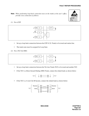 Page 354NDA-24238 CHAPTER 5
Page 327
Revision 3.0
FAULT REPAIR PROCEDURES
Note:
When performing loop-back connection tests on the trunks at the user’s office,
provide cross connection as follows:
(1) For a COT
 Set up a loop-back connection between the COT (C.O. Trunk) to be tested and station line.
 The trunk route must be assigned for Loop Start.
(2) For a TLT (for DID)
 Set up a loop-back connection between the Tie Line Trunk (TLT) to be tested and another TLT.
 If the TLT is a Direct Inward Dialing (DID)...