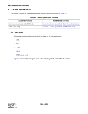 Page 383CHAPTER 5 NDA-24238
Page 356
Revision 3.0
FAULT REPAIR PROCEDURES
6. CONTROL SYSTEM FAULT
This section explains the fault repair procedure for the control system listed in Table 5-8.
6.1 Check Point
When repairing the control system, check the status of the following lamps:
CPR
GT
 TSW
MUX
 EMA circuit cards
Figure 5-9 shows a block diagram of the CPU controlling block, where CPU #0 is active.
Table 5-8  Control System Fault Situation
FAULTY SITUATION REFERENCE SECTION
Fault occurs occasionally at...