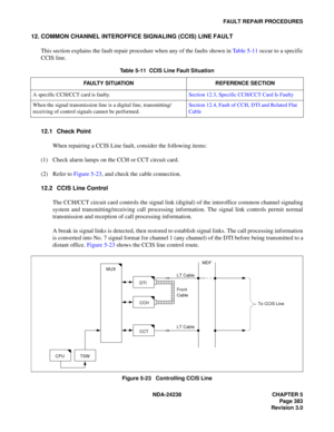 Page 410NDA-24238 CHAPTER 5
Page 383
Revision 3.0
FAULT REPAIR PROCEDURES
12. COMMON CHANNEL INTEROFFICE SIGNALING (CCIS) LINE FAULT
This section explains the fault repair procedure when any of the faults shown in Table 5-11 occur to a specific
CCIS line.
12.1 Check Point
When repairing a CCIS Line fault, consider the following items:
(1) Check alarm lamps on the CCH or CCT circuit card.
(2) Refer to Figure 5-23, and check the cable connection.
12.2 CCIS Line Control
The CCH/CCT circuit card controls the signal...