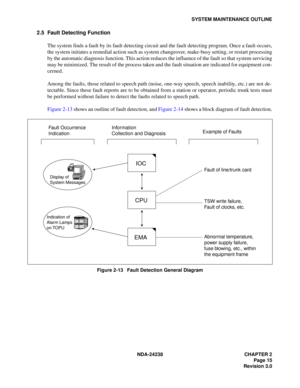 Page 42NDA-24238 CHAPTER 2
Page 15
Revision 3.0
SYSTEM MAINTENANCE OUTLINE
2.5 Fault Detecting Function
The system finds a fault by its fault detecting circuit and the fault detecting program. Once a fault occurs,
the system initiates a remedial action such as system changeover, make-busy setting, or restart processing
by the automatic diagnosis function. This action reduces the influence of the fault so that system servicing
may be minimized. The result of the process taken and the fault situation are...