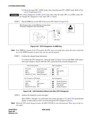 Page 491CHAPTER 6 NDA-24238
Page 464
Revision 3.0
SYSTEM OPERATIONS
(2) Check the mate CPU’s STBY mode. Also check the mate GT’s STBY mode. Refer to Fig-
ure 6-43 and Figure 6-44.
STEP 2 Flip the MBR key on the DSP of the active CPU. Refer to Figure 6-45.
Figure 6-45   CPU Changeover via MBR Key 
Note:
If the MBR key remains in the UP position, the CPU stays in its make-busy status. Be sure to return the
key to the DOWN position except in the case of a special purpose.
STEP 3 Confirm the changed lamp...