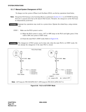 Page 499CHAPTER 6 NDA-24238
Page 472
Revision 3.0
SYSTEM OPERATIONS
12.1.7 Manual System Changeover of PLO
To change over the system of Phase Lock Oscillator (PLO), use the key operations listed below.
Note:Though the PLO belongs to the Switching Block as explained in Section 12.1.5, its ACT/STBY Switching
Network is separate from that of the Speech Path System. Therefore, the changeover of the PLO must
be independently performed.
STEP 1 Make sure the PLO system is active.
(1) When the PLO system is active, ACT...