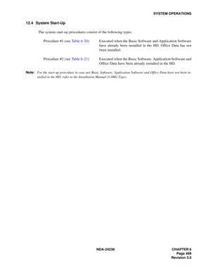 Page 516NDA-24238 CHAPTER 6
Page 489
Revision 3.0
SYSTEM OPERATIONS
12.4 System Start-Up
The system start-up procedures consist of the following types:
Procedure #1 (see Table 6-20) Executed when the Basic Software and Application Software
have already been installed in the HD. Office Data has not
been installed.
Procedure #2 (see Table 6-21) Executed when the Basic Software, Application Software and
Office Data have been already installed in the HD.
Note:
For the start-up procedure in case any Basic Software,...