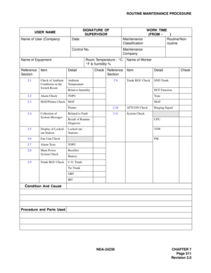 Page 538NDA-24238 CHAPTER 7
Page 511
Revision 3.0
ROUTINE MAINTENANCE PROCEDURE
USER NAMESIGNATURE OF 
SUPERVISORWORK TIME
(FROM -  )
Name of User (Company) Date: Maintenance
ClassificationRoutine/Non-
routine
Control No. Maintenance
Company
Name of Equipment Room Temperature - °C 
°F & humidity %Name of Worker
Reference 
SectionItem Detail Check Reference 
SectionItem Detail Check
2.1Check of Ambient 
Conditions in the 
Switch RoomAmbient 
Temperature2.9Trunk RGU Check SND Trunk
Relative humidity DCF Function...