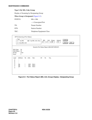 Page 643CHAPTER 8 NDA-24238
Page 616
Revision 3.0
MAINTENANCE COMMANDS
Type 3: By MG, Unit, Group
Display of Scanning by Designating Group 
When Group is Designated (Figure 8-3)
STATUS: Idle = Idle
-- = Unassigned Port
TN: Tenant Number
STN: Station Number
TEC: Telephone Equipment Class
Figure 8-3   Port Status Report (MG, Unit, Group) Display—Designating Group
SPTS (Scanning of Port Status)
1: by MG
2: by MG, Unit
3: by MG, Unit, GrouMG0Interval10
SCAN
STOPEXIT
Ty p e
Dynamic Por t Status Repor t...