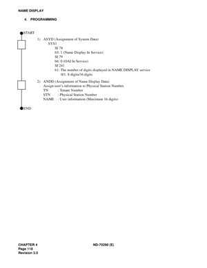Page 135CHAPTER 4 ND-70290 (E)
Pag e 1 18
Revision 3.0
NAME DISPLAY
4. PROGRAMMING
1) ASYD (Assignment of System Data)
SYS1
SI 78
b5: 1 (Name Display In Service)
SI 79
b6: 0 (OAI In Service)
SI 241
b1: The number of digits displayed in NAME DISPLAY service
0/1: 8 digits/16 digits
2) ANDD (Assignment of Name Display Data)
Assign user’s information to Physical Station Number.
TN : Tenant Number
STN : Physical Station Number
NAME : User information (Maximum 16 digits)
 END
 START 