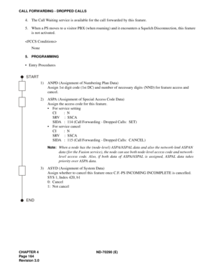 Page 181CHAPTER 4 ND-70290 (E)
Pag e 1 64
Revision 3.0
CALL FORWARDING - DROPPED CALLS
4. The Call Waiting service is available for the call forwarded by this feature.
5. When a PS moves to a visitor PBX (when roaming) and it encounters a Squelch Disconnection, this feature
is not activated.

None
5. PROGRAMMING
 Entry Procedures
1) ANPD (Assignment of Numbering Plan Data) 
Assign 1st digit code (1st DC) and number of necessary digits (NND) for feature access and 
cancel. 
2) ASPA (Assignment of Special Access...