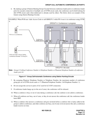 Page 194ND-70290 (E) CHAPTER 4
Page 177
Revision 3.0
GROUP CALL-AUTOMATIC CONFERENCE (20-PARTY)
6. By making a group of Station Hunting Group-Circular between conference leader ports or conference leader
ports for cascade connection of multiple sets of CFTB circuit cards, the conference can be held looking for
idle CFTB circuit cards when dialed port is already used by others. The below shows an example of this
feature using Station Hunting-Circular.
Figure 4-7  Group Call-Automatic Conference using Station...