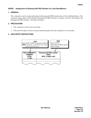 Page 250ND-70290 (E) CHAPTER 5
Page 233
Revision 3.0
ARODL
ARODL  : Assignment of Roaming Self PBX Number for Local Data Memory
1. GENERAL
This command is used to assign and display the Roaming Self PBX number data in Network Data Memory. This
command assigns Home Node Number (Roaming Self PBX Number) to display on the PS. (PS displays this
Roaming Self PBX Number + PS Station Number)
2. PRECAUTIONS
1. This command is used in the Local Node.
2. If the network adopts closed user group numbering plan, this data...