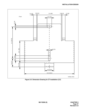 Page 54ND-70290 (E) CHAPTER 2
Page 37
Revision 3.0
INSTALLATION DESIGN
Figure 2-8  Dimension Drawing for ZT Installation (2/2)
0.2 (5)
0.5 (12)2.4 (60) 0.08 (2)
0.3 (8)
0.2 (5)
Front
0.9 (22.5)
4.9 (124.4)
2.2   (54) 0.5 (13.5)
0.4 (10)
3.1 (78.75) 0.8 (21)
0.08 (2)
0.3 (8)
inches (mm) 