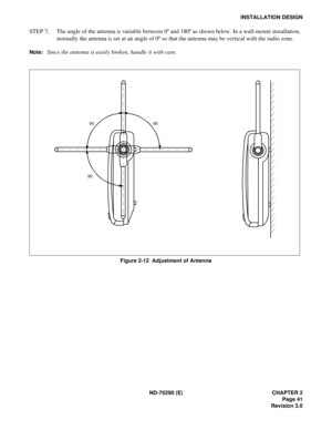 Page 58ND-70290 (E) CHAPTER 2
Page 41
Revision 3.0
INSTALLATION DESIGN
STEP 7: The angle of the antenna is variable between 0º and 180º as shown below. In a wall-mount installation, 
normally the antenna is set at an angle of 0º so that the antenna may be vertical with the radio zone.
Note:Since the antenna is easily broken, handle it with care.
Figure 2-12  Adjustment of Antenna
90  90 
90  