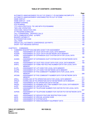 Page 9TABLE OF CONTENTS ND-70290 (E)
Pag e ii
Revision 3.0
TABLE OF CONTENTS  (CONTINUED)
Page
AUTOMATIC ANNOUNCEMENT-PS OUT OF ZONE/C.F.-PS INCOMING INCOMPLETE  . . . . . . . .  108
AUTOMATIC ANNOUNCEMENT-DISCONNECTED PS OUT OF ZONE  . . . . . . . . . . . . . . . . . . . . . .  113
NAME DISPLAY  . . . . . . . . . . . . . . . . . . . . . . . . . . . . . . . . . . . . . . . . . . . . . . . . . . . . . . . . . . . . . . . .  . .  116
NAME DISPLAY - CCIS  . . . . . . . . . . . . . . . . . . . . . . . . . . . . ....