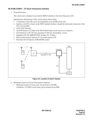 Page 82ND-70290 (E) CHAPTER 3
Page 65
Revision 3.0
PA-4CSIE (CSINT)
PA-4CSIE (CSINT)  : ZT (Zone Transceiver) Interface
1. General Functions
This circuit card is designed to provide the ISDN S interface to the Zone Transceiver (ZT).
Specifications and functions of this circuit card are shown below.
 A maximum of four ZTs can be accommodated in one 4CSIE circuit card.
 Interface with ZTs is based on the ISDN standard interface, though the multi-point connection of the
ZTs is not available.
 I.430, Q.921...