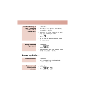Page 51. Lift handset.
2. Dial a Page Zone (Portrait 308 = 80-85;
Portrait 824 = 80-87).
3. Announce co-worker to pick up the same
page zone number you dialed.
4. Press .
5. Do not hang up. Wait for party to join in
the conversation.
1. Lift handset.
2. Press .
3. Dial announced page zone (Portrait 308 =
80-85; Portrait 824 = 80-87).
Answering Calls . . .
1. Lift handset.
•To Flash a CO line, flash the hook-
switch and dial 90.
1. Lift handset.
2. Press 
.
To answer a call
ringing another
extension:
Listen for...