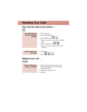 Page 6Your call can wait at your phone . . .
Hold
1. Do not hang up.
2. Press the hookswitch.
3. System Hold: Dial .
•Your co-workers can take the call off Hold.
OR
3. Exclusive Hold: Dial  .
•Your co-workers can nottake the call
off Hold.
1. Lift handset.
2. Press .
Redirect your call . . .
Transfer
1. With an outside call on the line, press
hookswitch and dial your co-worker’s
extension number.
2. (Optional) Announce call.
3. Hang up.
Send (Transfer) your
call to a co-worker:
Easily retrieve a call
from...