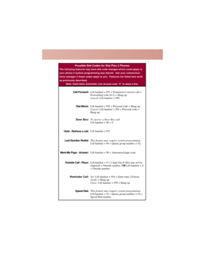 Page 9Possible Dial Codes for Dial Plan 2 Phones
The following features may have dial code changes which could apply to
your phone if system programming was altered.  Ask your communica-
tions manager if these codes apply to you.  Features not listed here work
as previously described.
Note: Used when Automatic Line Access uses “0” to seize a line.
Lift handset + 953 + Extension to receive call +
Forwarding code (0-3) + Hang up.
Cancel:Lift handset + 959.
Lift handset + 955 + Personal code + Hang up....