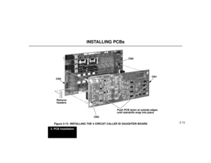 Page 372. PCB Installation
2-15
INSTALLING PCBs
Figure 2-13  INSTALLING THE 4 CIRCUIT CALLER ID DAUGHTER BOARD
CN2
CN1
CN2 CN3
Remove
headers
92012 - 2
Push PCB down at outside edges
until standoffs snap into place 