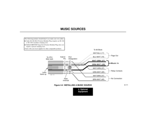 Page 614. Optional
Equipment
4-11
MUSIC SOURCES
Figure 4-4  INSTALLING A MUSIC SOURCE
RJ61X 
Pin
Latch
faces upTo CPU
Mod Jack
Note
reversalPort
DesignationTo 66 Block
WHT-BLU (1T)
BLU-WHT (1R)
WHT-ORN (2T)
ORN-WHT (2R)
WHT-GRN (3T)
GRN-WHT (3R)
WHT-BRN (4T)
BRN-WHT (4R)
80000 - 18A
4T
3T
2T
1R
1T
2R
3R
4R
1
2
3
4
5
6
7
8
Page OutMusic InRelay ContactsNo Connection
The following products should help if you make your own cables:Suttle SE-266-8K 8 Position Modular Plug (requires an SE-166
or SE-166-6 modular...