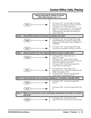 Page 105Central Ofﬁce Calls, Placing
DS1000/2000 Software ManualChapter 1: Features97
• In Program 1701 - Line Key (page 518), make 
sure no keys are assigned as line keys (code 03).
• In Program 1701 - Switched Loop Key 
(page 517), or in Program 1701 - Fixed Loop Key 
(page 517), assign a loop key to any extension 
without line keys. This allows the extension to 
answer trunk calls.
Step 8: Should DSS Console have line keys for placing trunk calls?
• In Program 1704 - Line Key (page 528), assign 
programmable...