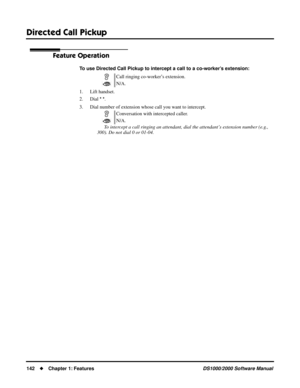 Page 150Directed Call Pickup
142Chapter 1: FeaturesDS1000/2000 Software Manual
Feature Operation
To use Directed Call Pickup to intercept a call to a co-worker’s extension:
1. Lift handset.
2. Dial 
* *.
3. Dial number of extension whose call you want to intercept.
To intercept a call ringing an attendant, dial the attendant’s extension number (e.g., 
300). Do not dial 0 or 01-04.Call ringing co-worker’s extension.
N/A.
Conversation with intercepted caller.
N/A. 