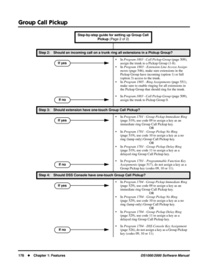 Page 186Group Call Pickup
178Chapter 1: FeaturesDS1000/2000 Software Manual
Step 2: Should an incoming call on a trunk ring all extensions in a Pickup Group?
• In Program 1003 - Call Pickup Group (page  509), 
assign the trunk to a Pickup Group (1-8).
• In Program 1803 - Extension Line Access Assign-
ments (page 546), make sure extensions in the 
Pickup Group have incoming (option 1) or full 
(option 3) access to the trunk.
• In Program 1805 - Ring Assignments (page 551), 
make sure to enable ringing for all...