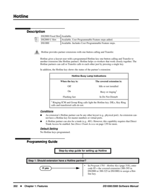 Page 210Hotline
202Chapter 1: FeaturesDS1000/2000 Software Manual
Hotline
Description
Hotline gives a keyset user with a programmed Hotline key one-button calling and Transfer to 
another extension (the Hotline partner). Hotline helps co-workers that work closely together. The 
Hotline partners can call or Transfer calls to each other just by pressing a single key.
In addition, the Hotline key shows the status of the partner’s extension:
Conditions
An extension’s Hotline partner can be any other keyset (e.g.,...