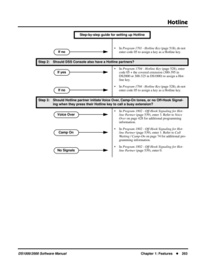 Page 211Hotline
DS1000/2000 Software ManualChapter 1: Features203
• In Program 1701 - Hotline Key (page 518), do not 
enter code 05 to assign a key as a Hotline key.
Step 2: Should DSS Console also have a Hotline partners?
• In Program 1704 - Hotline Key (page 528), enter 
code 05 + the covered extension (300-395 in 
DS2000 or 300-325 in DS1000) to assign a Hot-
line key.
• In Program 1704 - Hotline Key (page 528), do not 
enter code 05 to assign a key as a Hotline key.
Step 3: Should Hotline partner initiate...