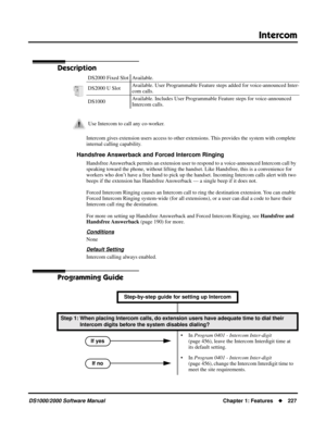 Page 235Intercom
DS1000/2000 Software ManualChapter 1: Features227
Intercom
Description
Intercom gives extension users access to other extensions. This provides the system with complete 
internal calling capability.
Handsfree Answerback and Forced Intercom Ringing
Handsfree Answerback permits an extension user to respond to a voice-announced Intercom call by 
speaking toward the phone, without lifting the handset. Like Handsfree, this is a convenience for 
workers who don’t have a free hand to pick up the...