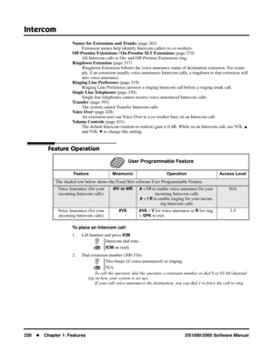 Page 238Intercom
230Chapter 1: FeaturesDS1000/2000 Software Manual
Names for Extensions and Trunks (page 263)
Extension names help identify Intercom callers to co-workers.
Off-Premise Extensions / On-Premise SLT Extensions (page 274)
All Intercom calls to On- and Off-Premise Extensions ring.
Ringdown Extension (page 317)
Ringdown Extension follows the voice-announce status of destination extension. For exam-
ple, if an extension usually voice-announces Intercom calls, a ringdown to that extension will 
also...