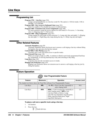 Page 248Line Keys
240Chapter 1: FeaturesDS1000/2000 Software Manual
Programming List
Program 1701 -  Line Key (page 518)
Assign a programmable key as a line key (code 03). The option is 1-48 (for trunks 1-48) in 
DS2000, 1-6 in DS1000. 
Program 1802 - Key Access to Outbound Lines (page 541)
Enter Y to enable or N to disable key access to outbound lines.
Program 1803 - Extension Line Access Assignments (page 546)
For each extension, assign the access options for each trunk (0 = No access, 1 = Incoming 
only. 2 =...