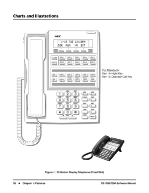 Page 28Charts and Illustrations
20Chapter 1: FeaturesDS1000/2000 Software Manual
Figure 1:  22-Button Display Telephone (Fixed Slot)
123
456
789
0
ABC DEF
MW ICM
FLASH DND
DIAL MIC
LND SPK
CONF
HOLD GHI JKL MNOMNO
PQRS TUV
OPER
VOLWXYZ
CLEAR
CHECK
80000 - 21A
LINE 1      LINE 2      LINE 3       LINE 4      LINE 5      LINE 6
LINE 7      LINE 8
FIXED
LOOP 0FIXED
LOOP 0AUTO
TIMERALL
PAGE
BIN 1        BIN 2        BIN 3        BIN 4        BIN 5
BIN 6        BIN 7        BIN 8        BIN 9       BIN 10
For...