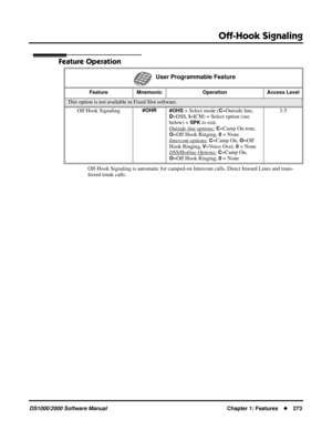 Page 281Off-Hook Signaling
DS1000/2000 Software ManualChapter 1: Features273
Feature Operation
Off-Hook Signaling is automatic for camped-on Intercom calls, Direct Inward Lines and trans-
ferred trunk calls.
  User Programmable Feature
Feature Mnemonic Operation Access Level
This option is not available in Fixed Slot software.
Off Hook Signaling
#OHR
#OHS + Select mode (C=Outside line, 
D=DSS, I=ICM) + Select option (see 
below) + 
SPK to exit.
Outside line options:
 C=Camp On tone, 
O=Off Hook Ringing, 0 =...