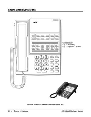 Page 30Charts and Illustrations
22Chapter 1: FeaturesDS1000/2000 Software Manual
Figure 3:  22-Button Standard Telephone (Fixed Slot)
123
456
789
0
ABC DEF
MW ICM
FLASH DND
DIAL MIC
LND SPKR
CONF
HOLD GHI JKL MNOMNO
PQRS TUV
OPER
VOLWXYZ
CLEAR
CHECK
80000 - 22A
LINE 1      LINE 2      LINE 3       LINE 4      LINE 5      LINE 6
LINE 7      LINE 8
FIXED
LOOP 0FIXED
LOOP 0AUTO
TIMERALL
PAGE
For Attendants:
Key 11=Night Key
Key 12=Operator Call Key 