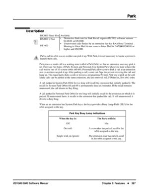 Page 295Park
DS1000/2000 Software ManualChapter 1: Features287
Park
Description
Park places a trunk call in a waiting state (called a Park Orbit) so that an extension user may pick it 
up. There are two types of Park: System and Personal. Use System Park when you want to have the 
call wait in one of 10 system orbits (60-69). Personal Park allows you to Park a call at an extension 
so a co-worker can pick it up. After parking a call, a user can Page the person receiving the call and 
hang up. The paged party...