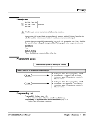 Page 303Privacy
DS1000/2000 Software ManualChapter 1: Features295
Privacy
Description
An extension with Privacy blocks incoming Barge In attempts, and Call Waiting (Camp-On) sig-
nals. Privacy helps extension users that don’t want their conversations interrupted.
Note that if an extension with Privacy enabled is on a call with an extension with Privacy disabled, 
they are still subject to Barge In attempts and Call Waiting signals to the non-private extension.
Conditions
None
Default Setting
Privacy disabled in...