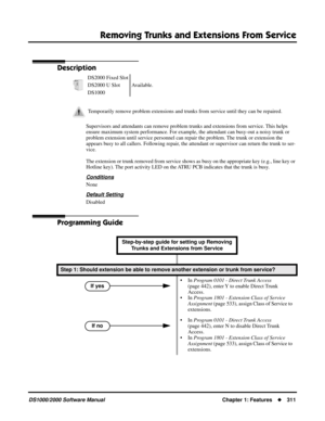 Page 319Removing Trunks and Extensions From Service
DS1000/2000 Software ManualChapter 1: Features311
Removing Trunks and Extensions From Service
Description
Supervisors and attendants can remove problem trunks and extensions from service. This helps 
ensure maximum system performance. For example, the attendant can busy-out a noisy trunk or 
problem extension until service personnel can repair the problem. The trunk or extension the 
appears busy to all callers. Following repair, the attendant or supervisor...