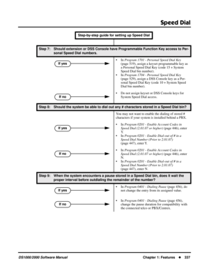 Page 345Speed Dial
DS1000/2000 Software ManualChapter 1: Features337
Step 7: Should extension or DSS Console have Programmable Function Key access to Per-
sonal Speed Dial numbers.
• In Program 1701 - Personal Speed Dial Key 
(page 519), assign a keyset programmable key as 
a Personal Speed Dial Key (code 15 + System 
Speed Dial bin number).
• In Program 1704 - Personal Speed Dial Key 
(page 529), assign a DSS Console key as a Per-
sonal Speed Dial Key (code 10 + System Speed 
Dial bin number).
• Do not assign...